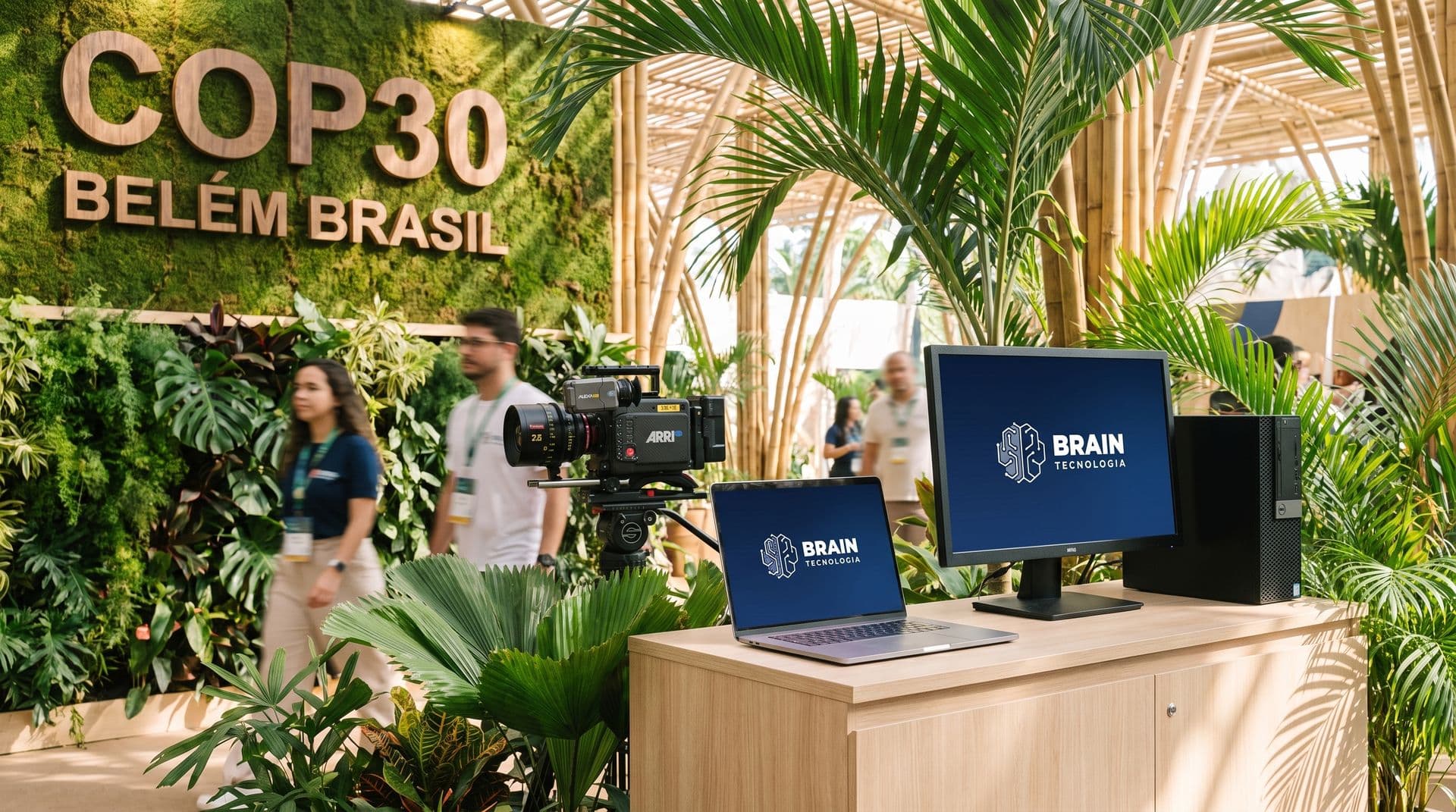 Estande sustentável da COP30 em Belém com notebooks e monitores Brain Tecnologia