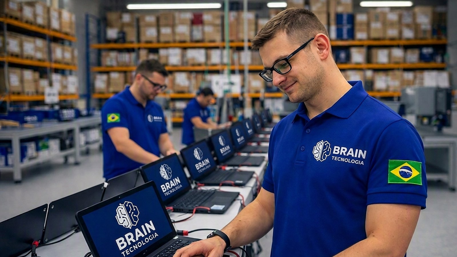 Técnico da Brain na bancada de preparação, testando uma fileira de notebooks com o teste de segurança aprovado nas telas